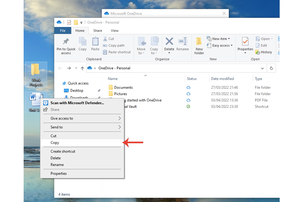 Copy and pasting a file and folder into the Microsoft OneDrive folder.