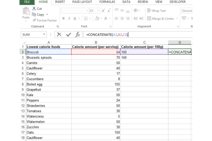 Die Verkettungsformel zum Kombinieren von drei Spalten in Excel.
