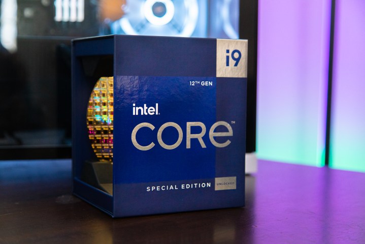 The Intel Core i9-12900KS box sitting in front of a gaming PC.