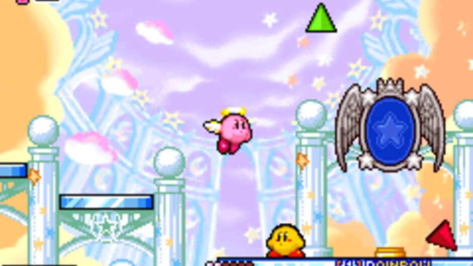 Kirby voando acima de outro Kirby amarelo em Kirby & the Amazing Mirror.