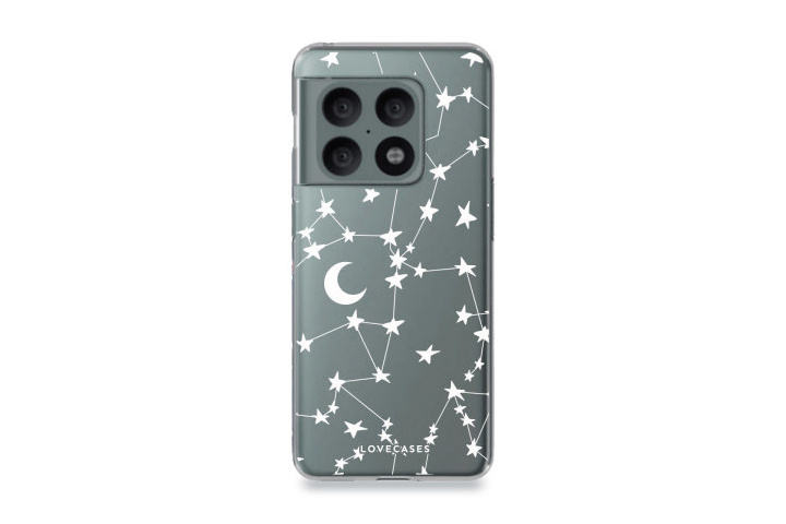 The LoveCases OnePlus 10 Pro case in clear with white stars and moons.