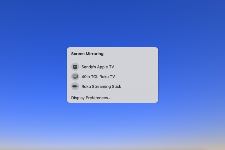 Devices available for Screen Mirroring on Mac.