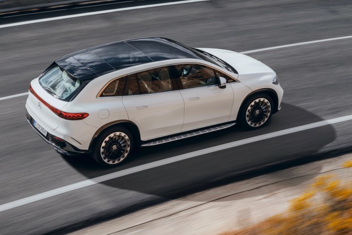 Rear overhead view of the Mercedes-Benz EQS SUV.