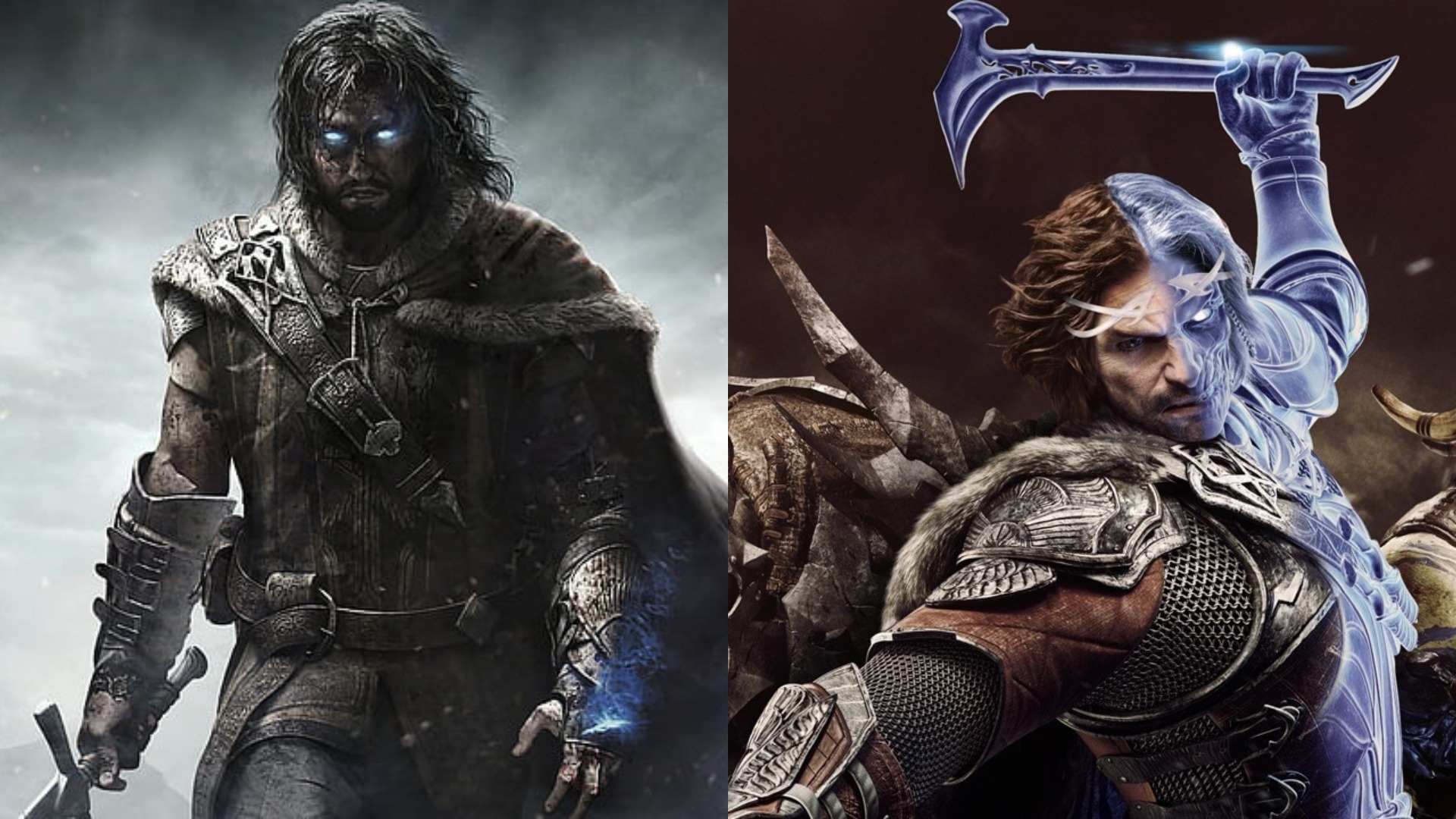 Imagen dividida de Talion combinada con el espectro en las portadas de Middle-earth: Shadow of Mordor y War.