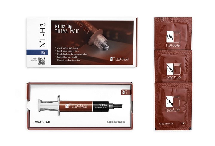 Retail packaging contents of the Noctua NT-H2 thermal paste.