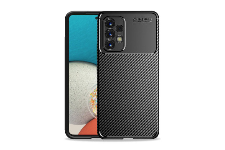 The front and back of Olixar's Carbon Fibre case for the Galaxy A53 showing the textured rear panel.