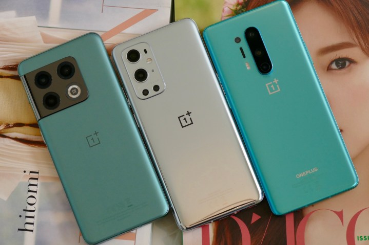 OnePlus 10 Pro, OnePlus 9 Pro, and OnePlus 8 Pro seen from the back.