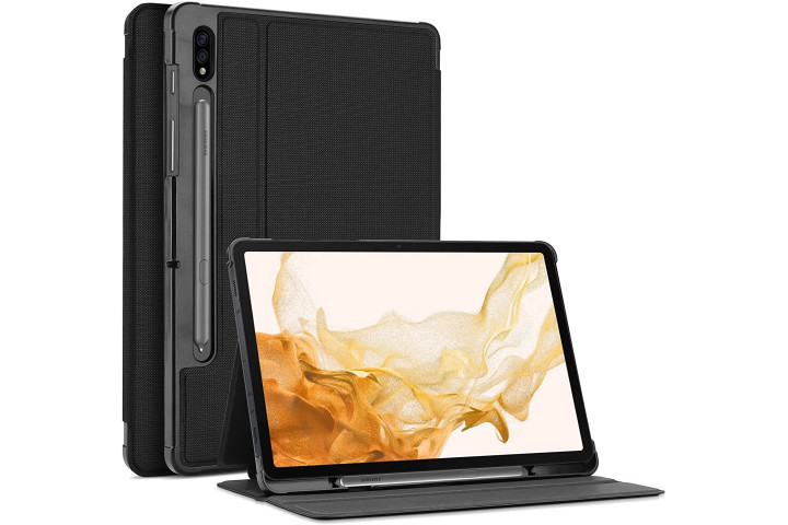 ProCase Slim Protective Folio Case for the Samsung Galaxy Tab S8 Plus in black, showing the rear of the case with S Pen holder and the case folded into a viewing stand.