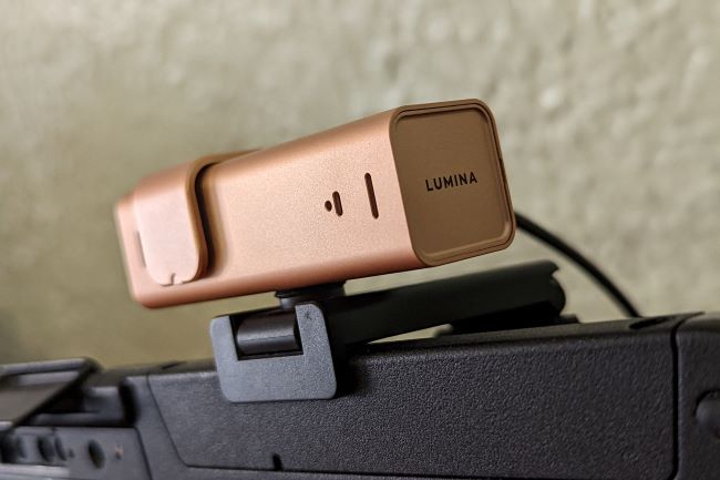The Lumina webcam with privacy cover mounted on top of a Toughbook laptop.