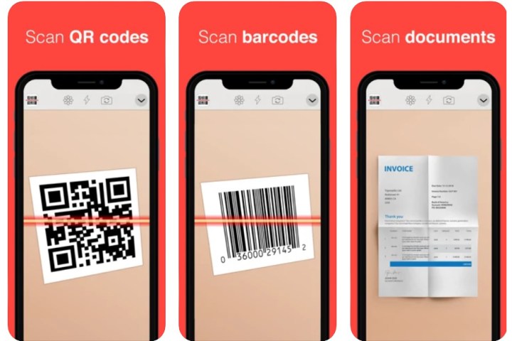 QR Reader for iPhone showing QR code, bar code, and document scanning.