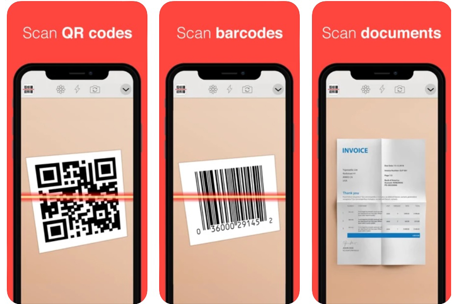 QR Reader para iPhone que muestra código QR, código de barras y escaneo de documentos.