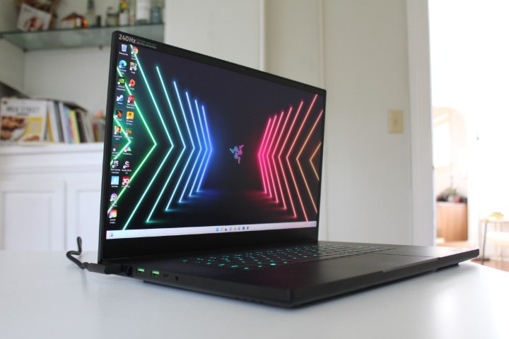 The Razer Blade 17 angled view showing the display and left side.