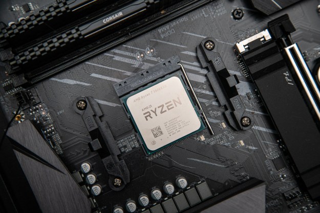 AMD Ryzen 7 5800X3D socketed in a motherboard.
