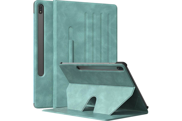 SaharaCase Multi-Angle Case in green for the Samsung Galaxy Tab S8 Plus showing the case's S Pen holder and the case folded out into a kickstand for hands-free viewing.
