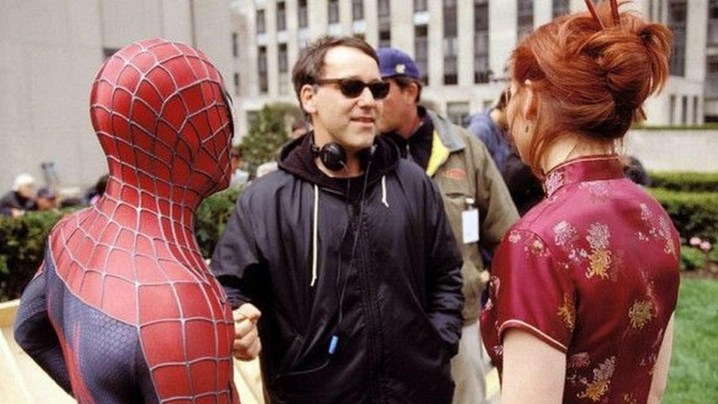 Sam Raimi with Tobey Maguire and Kirsten Dunst during his time on Spider-Man.