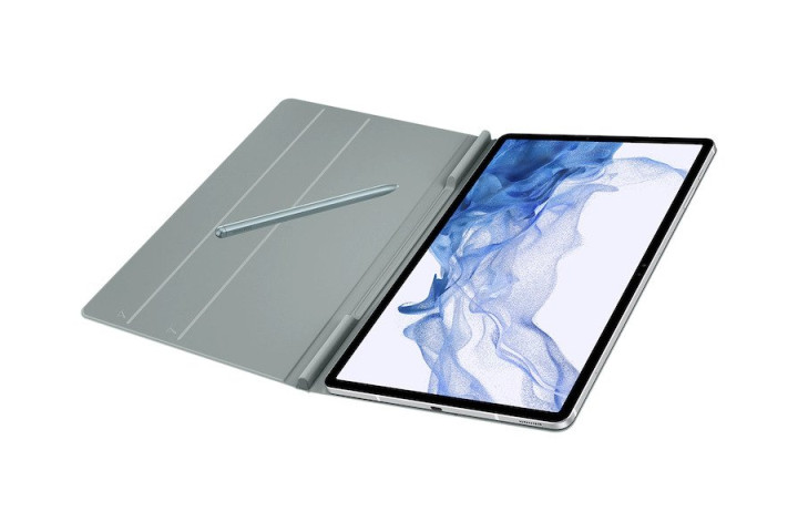 Samsung Book Cover in Light Green on the Samsung Galaxy Tab S8 Plus, open with S Pen and showing S Pen storage.