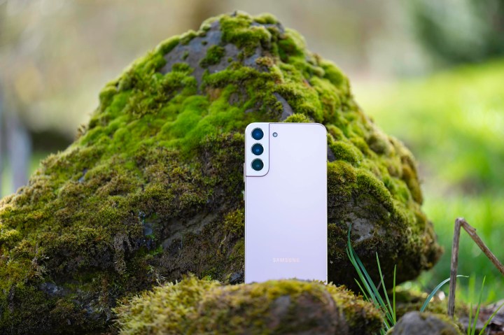 The Samsung Galaxy S22+ sitting on a moss covered rock.