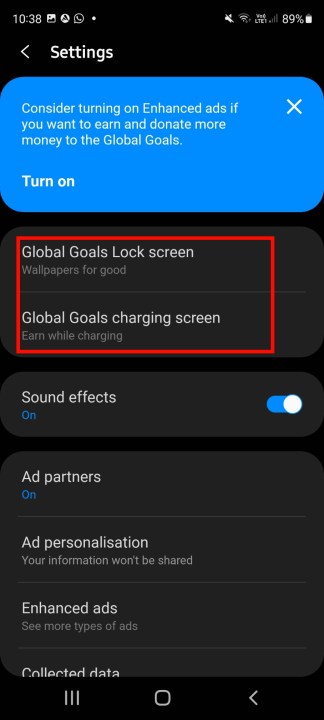 Samsung Global Goals Lock Screen and Charging screen menus.