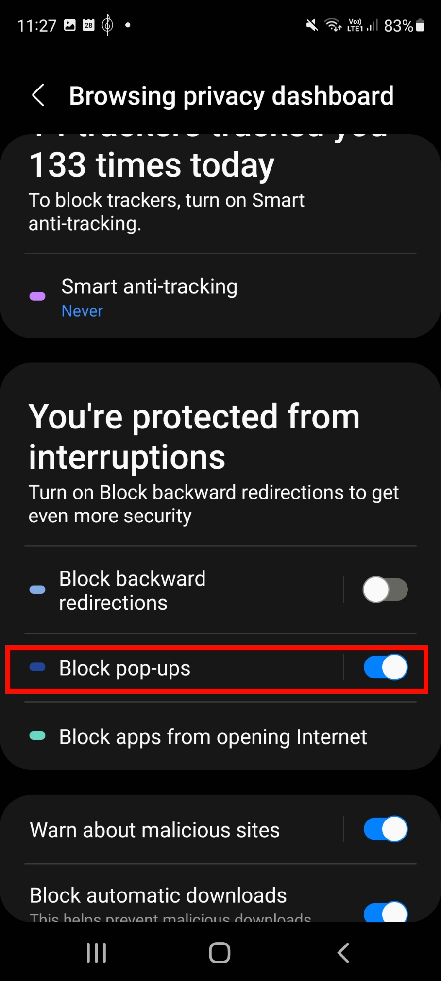 Samsung Internet block pop-ups toggle.