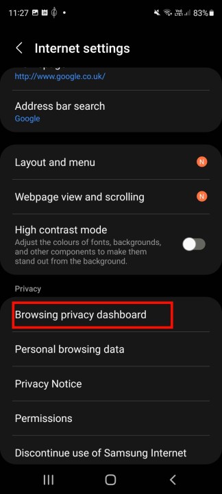 Samsung Internet Browsing privacy dashboard.