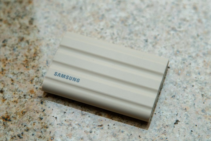 Samsung T7 Shield hard drive on a counter.