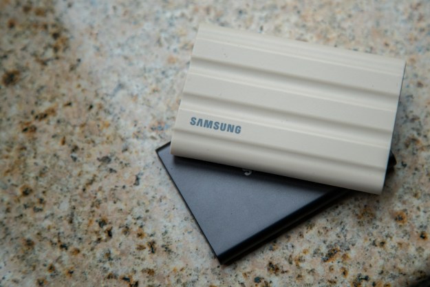 Samsung T7 Shield sitting on a Samsung T7.
