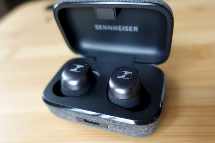 Sennheiser Momentum True Wireless 3 inside their charging case.