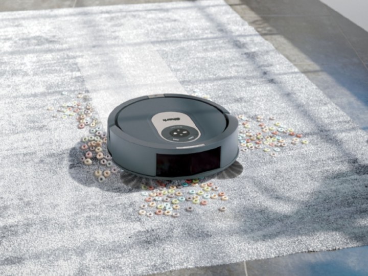 The Shark AI Robot Vacuum RV2001 cleaning spilled cereal on a carpet.