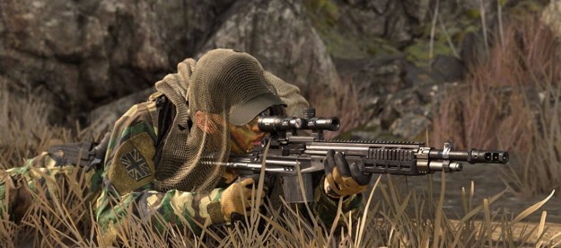 Soldier lying down with sniper in Warzone.
