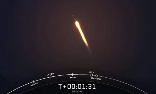 A SpaceX Falcon 9 rocket heading to space.