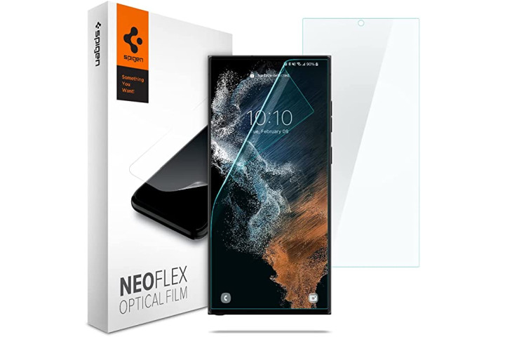 Protetor de tela Spigen NeoFlex ao lado de um Samsung Galaxy S22 Ultra e a embalagem de varejo para o protetor de filme.