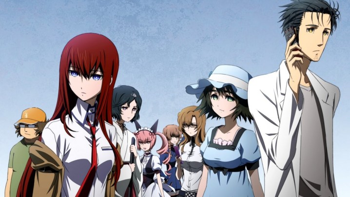 The main cast of Steins;Gate in advertising art.
