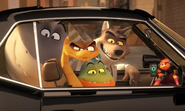 Mr. Wolf and the rest of The Bad Guys look out a car window together.