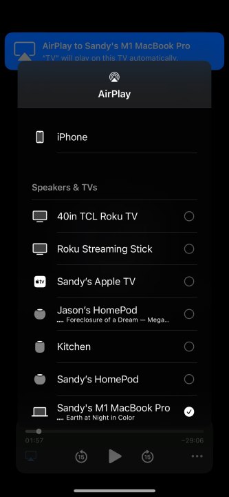 Devices available for AirPlay in the TV app.