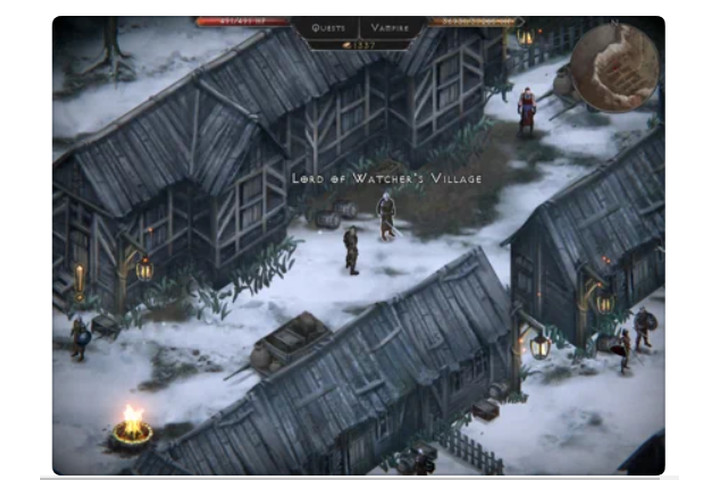 A scene in the village of Vamp'Ire from Vampire's Fall Origins on iOS.