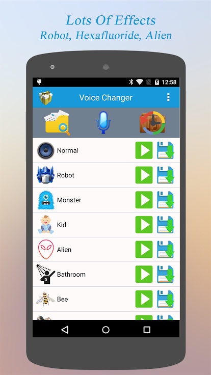 Volet des effets spéciaux de l'application Voice Changer.