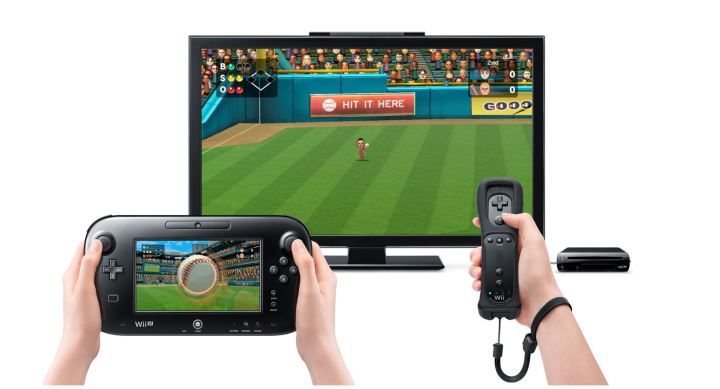 Someone holds a Wii remote and GamePad in front of a TV while playing Wii Sports Club.