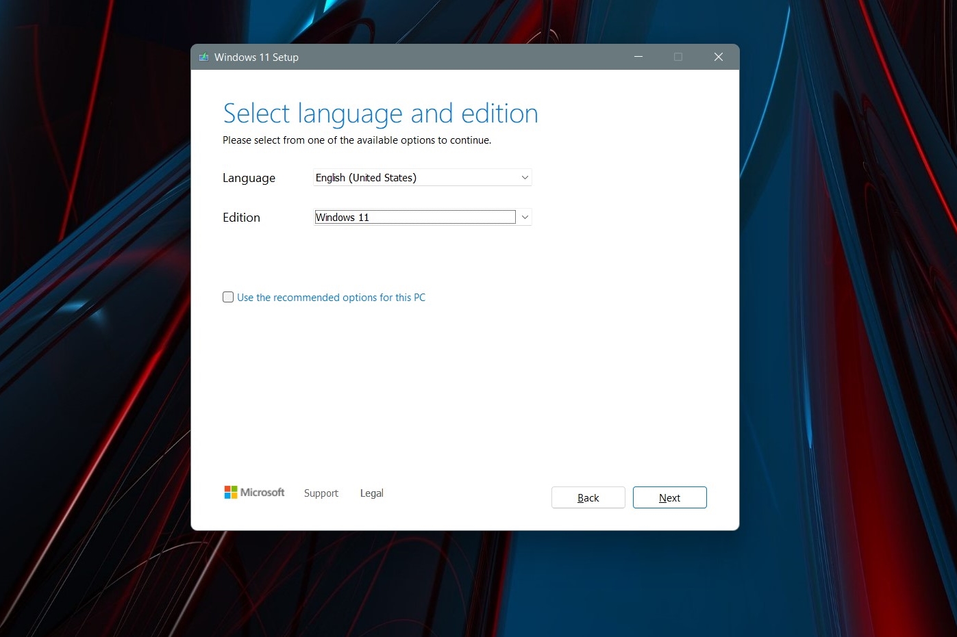 Selecting a Windows 11 language.
