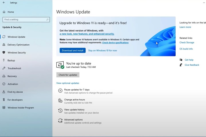 A página de atualização do Windows 11 disponível