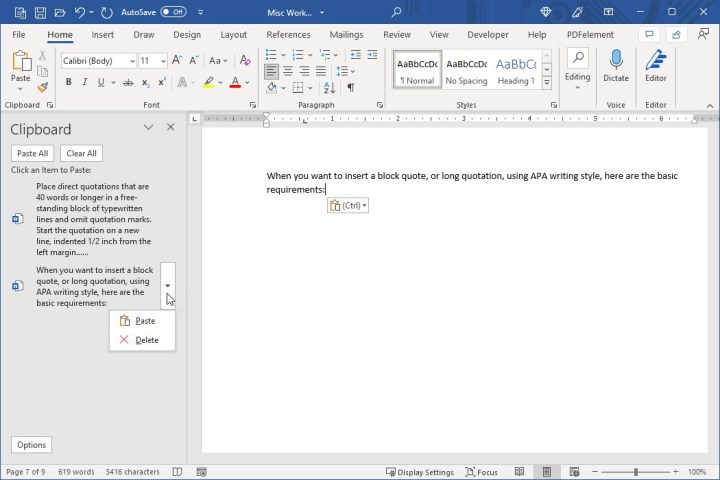 The Clipboard task pane in Word.