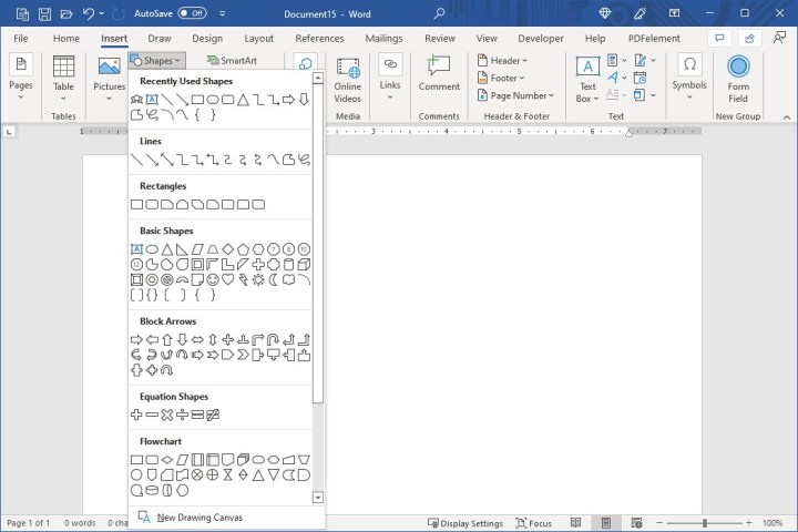 Shapes drop-down box on the Insert tab in Word.