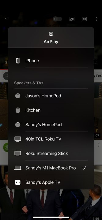 AirPlay devices available in the YouTube app.