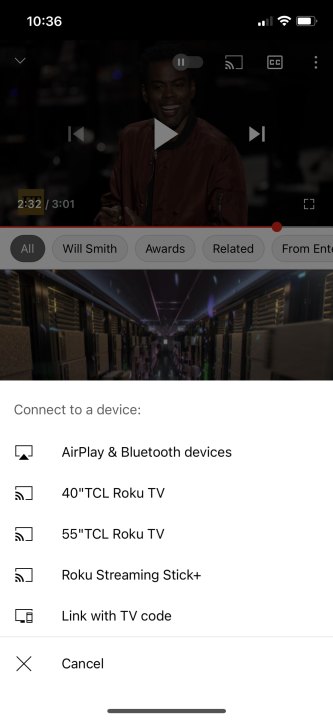 AirPlay and Bluetooth with devices available in the YouTube app.