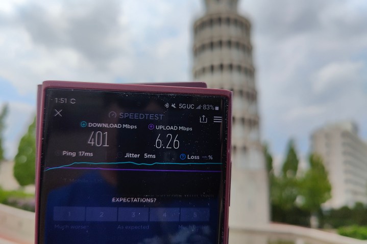 Speedtest-Ergebnisse auf einem Samsung Galaxy S22 Ultra.