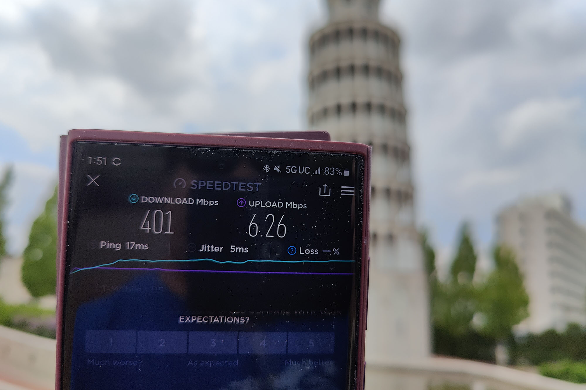 Resultados do teste de velocidade em um Samsung Galaxy S22 Ultra.