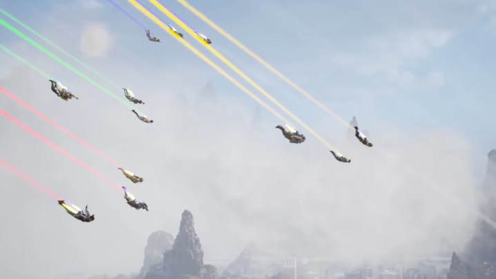 Teams of legends falling from the sky leaving colored smoke.