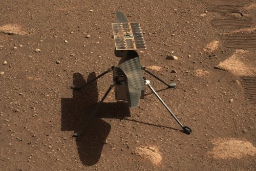 NASA’s Ingenuity Mars helicopter is seen here in a close-up taken by Mastcam-Z, a pair of zoomable cameras aboard the Perseverance rover. This image was taken on April 5, the 45th Martian day, or sol, of the mission.