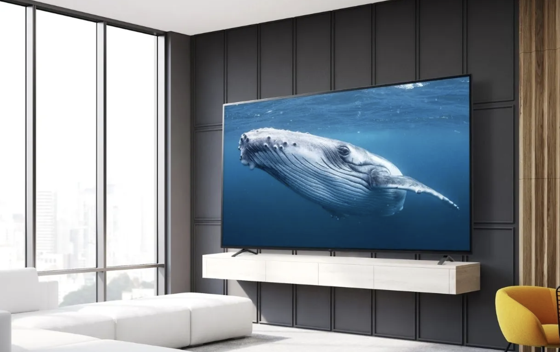 The 82-inch LG UP8770 4K TV in a living room.