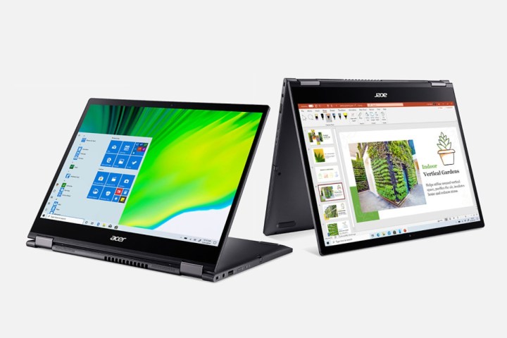 Laptop Acer Spin 5 2-in-1 dalam mode tenda dan presentasi.