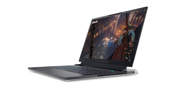 Alienware x15 gaming laptop at a side angle while displaying a game.